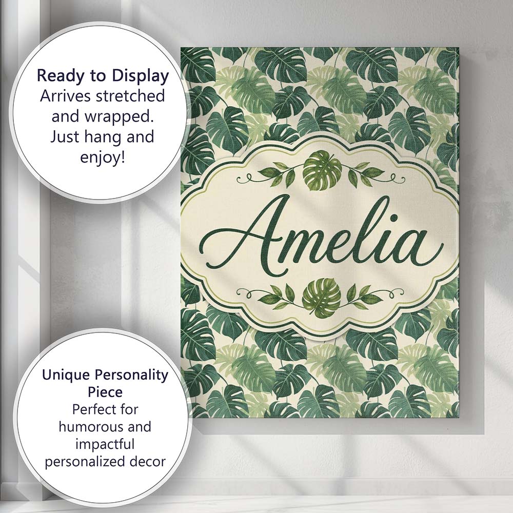 Personalised Name Soft Green Monstera Custom Modern Room Accent Creative Decorator Style Canvas Wall Art Print Decor Picture Ready to Hang
