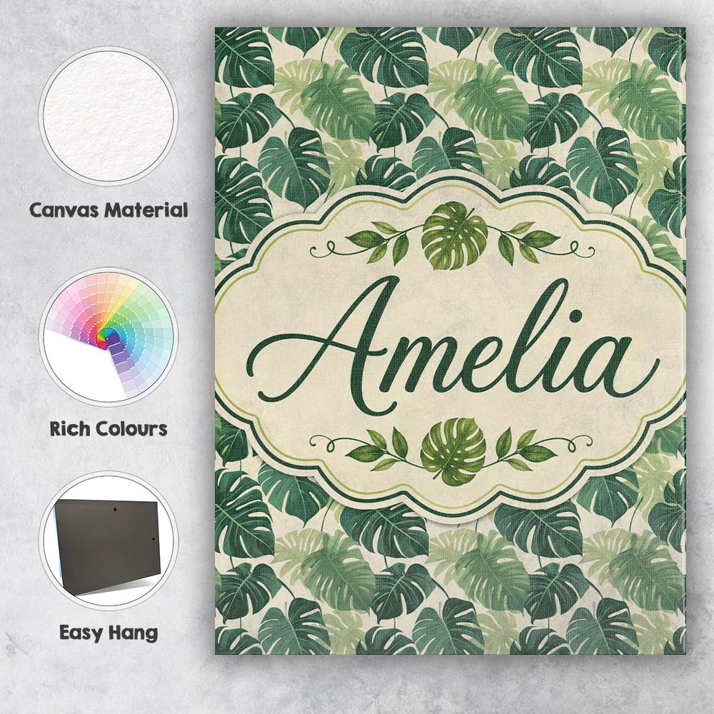 Personalised Name Soft Green Monstera Custom Modern Room Accent Creative Decorator Style Canvas Wall Art Print Decor Picture Ready to Hang