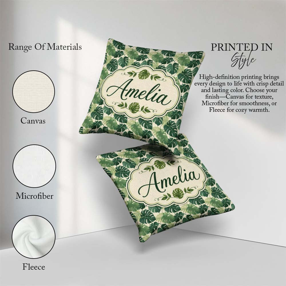 Custom Name Soft Green Monstera Leaves Minimal Botanical Pattern Square Filled Cushion Throw Pillow Sofa Bed Home Decor Zip Washable UK Made