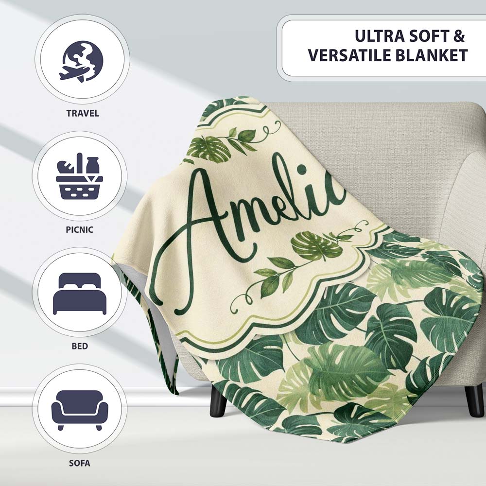 Soft Green Monstera Leaves Minimal Botanical Seamless Pattern Name Personalised Custom Name Super Soft Fleece Blanket Bed Sofa Throw
