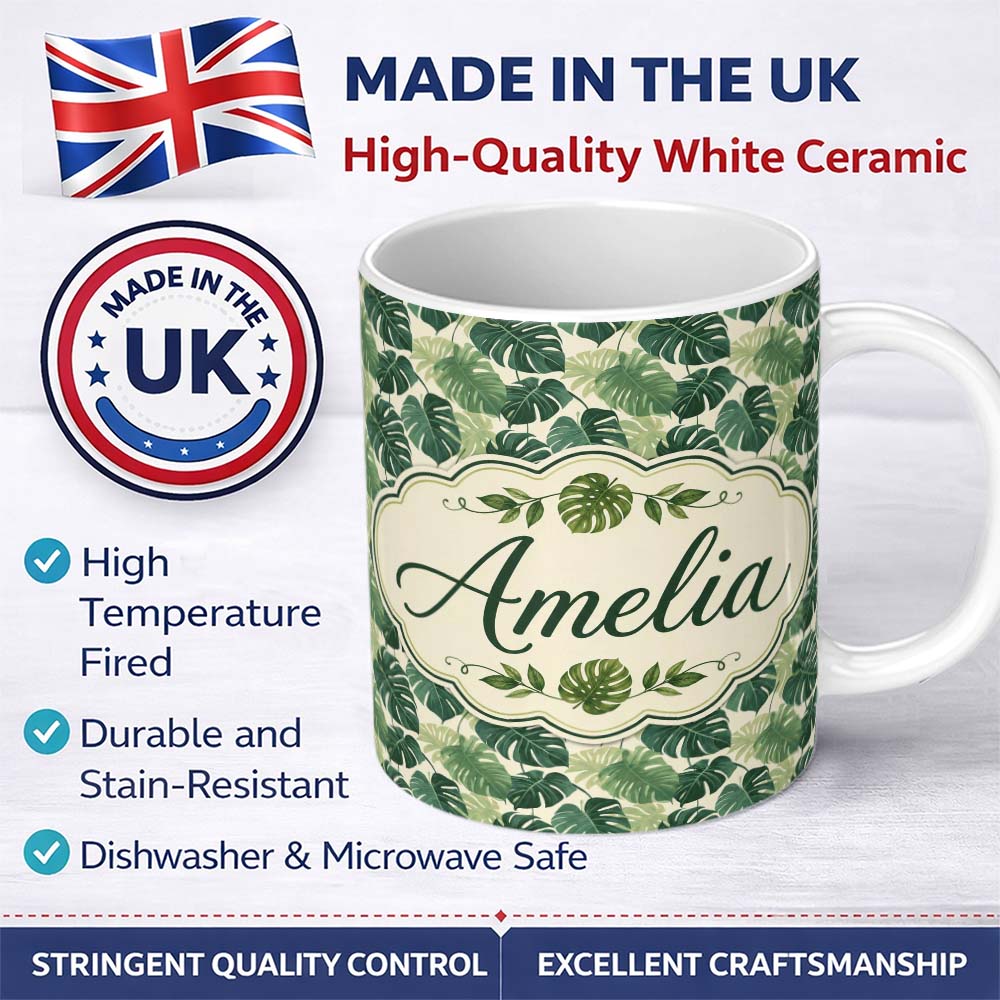 Personalized Custom Name Soft Green Monstera Leaves Minimal Botanical Seamless Pattern Name 11oz Ceramic Coffee Tea Mug White Large Handle