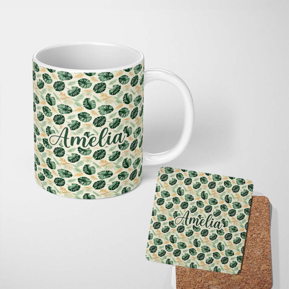 Personalized Custom Name Tropical Leaves Mix with Palm and Monstera on Cream Background 11oz Ceramic Coffee Tea Mug White Large Handle