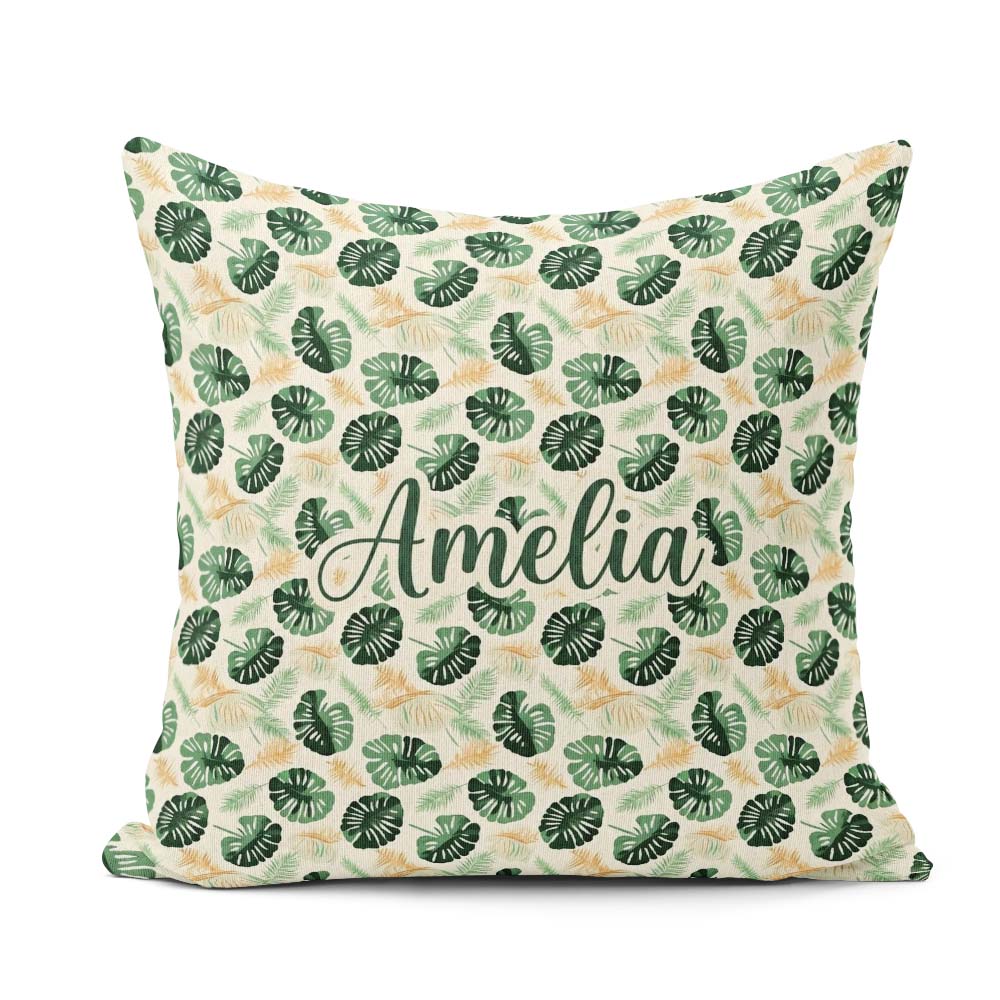 Custom Name Tropical Leaves Mix with Palm and Monstera on Cream Square Filled Cushion Throw Pillow Sofa Bed Home Decor Zip Washable UK Made