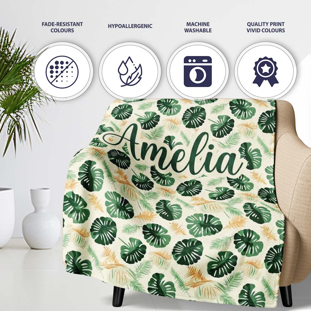 Tropical Leaves Mix with Palm and Monstera on Cream Background Personalised Custom Name Super Soft Fleece Blanket Bed Sofa Throw