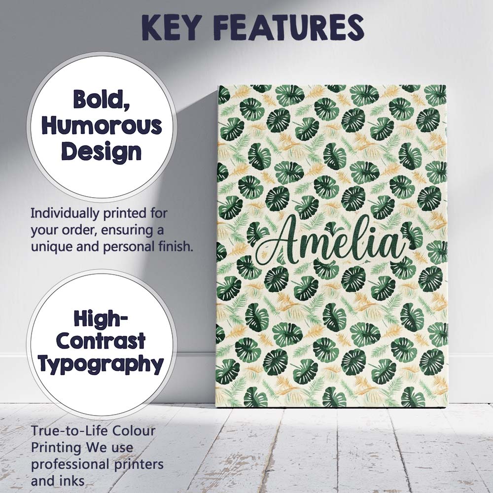 Personalised Name Tropical Leaves Mix with Custom Unique Gift Idea Elegant Feature Canvas Wall Art Print Decor Picture Ready to Hang