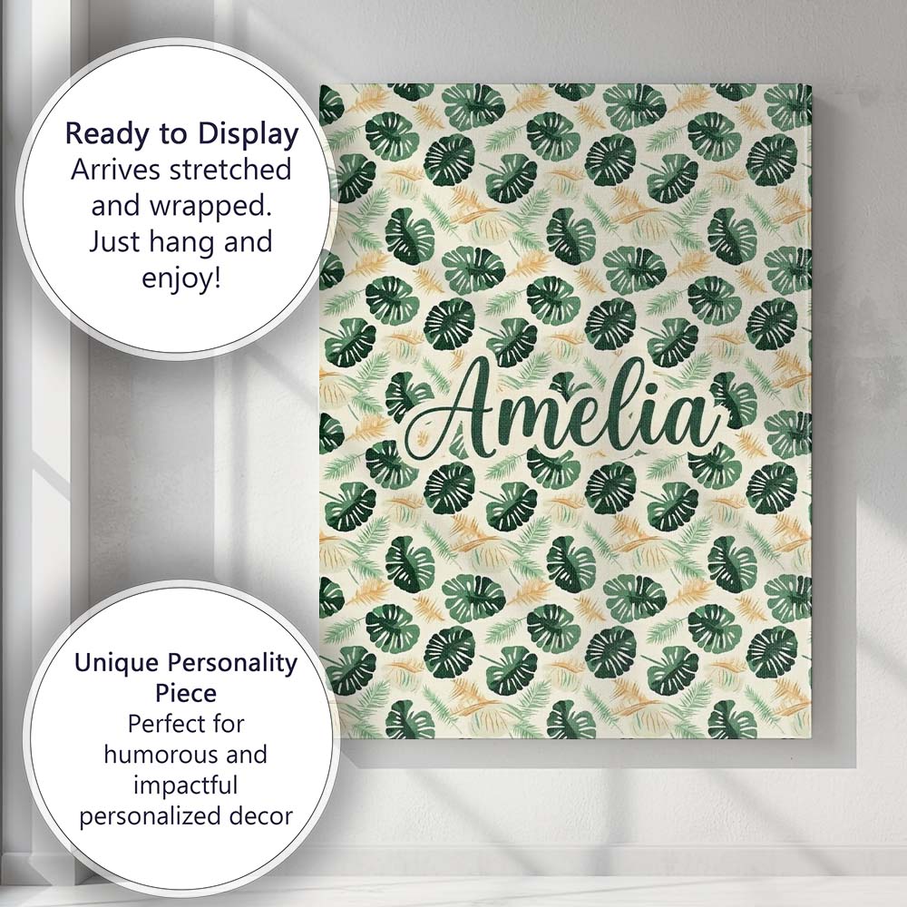 Personalised Name Tropical Leaves Mix with Custom Unique Gift Idea Elegant Feature Canvas Wall Art Print Decor Picture Ready to Hang