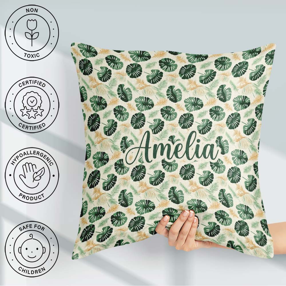 Custom Name Tropical Leaves Mix with Palm and Monstera on Cream Square Filled Cushion Throw Pillow Sofa Bed Home Decor Zip Washable UK Made
