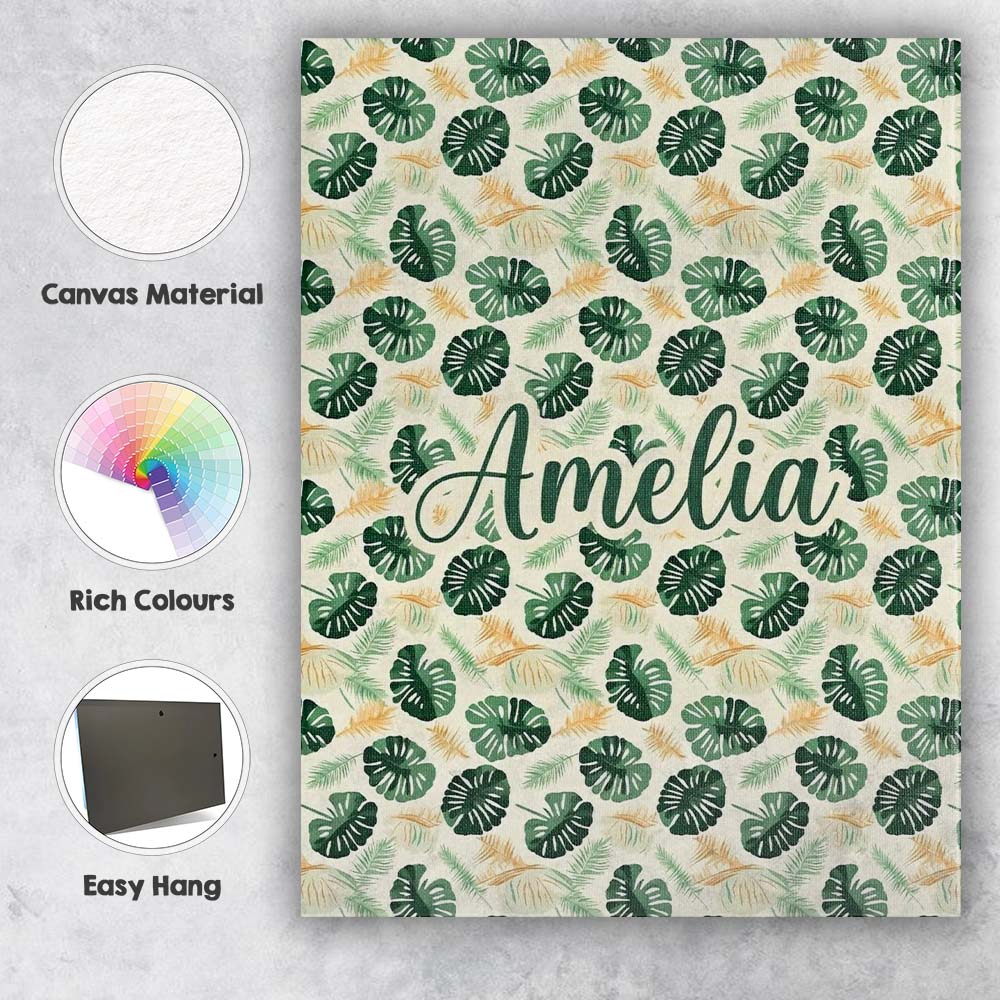 Personalised Name Tropical Leaves Mix with Custom Unique Gift Idea Elegant Feature Canvas Wall Art Print Decor Picture Ready to Hang