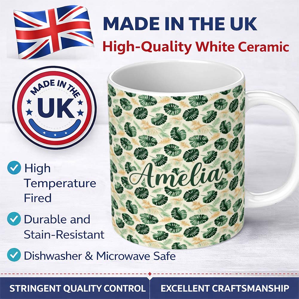 Personalized Custom Name Tropical Leaves Mix with Palm and Monstera on Cream Background 11oz Ceramic Coffee Tea Mug White Large Handle