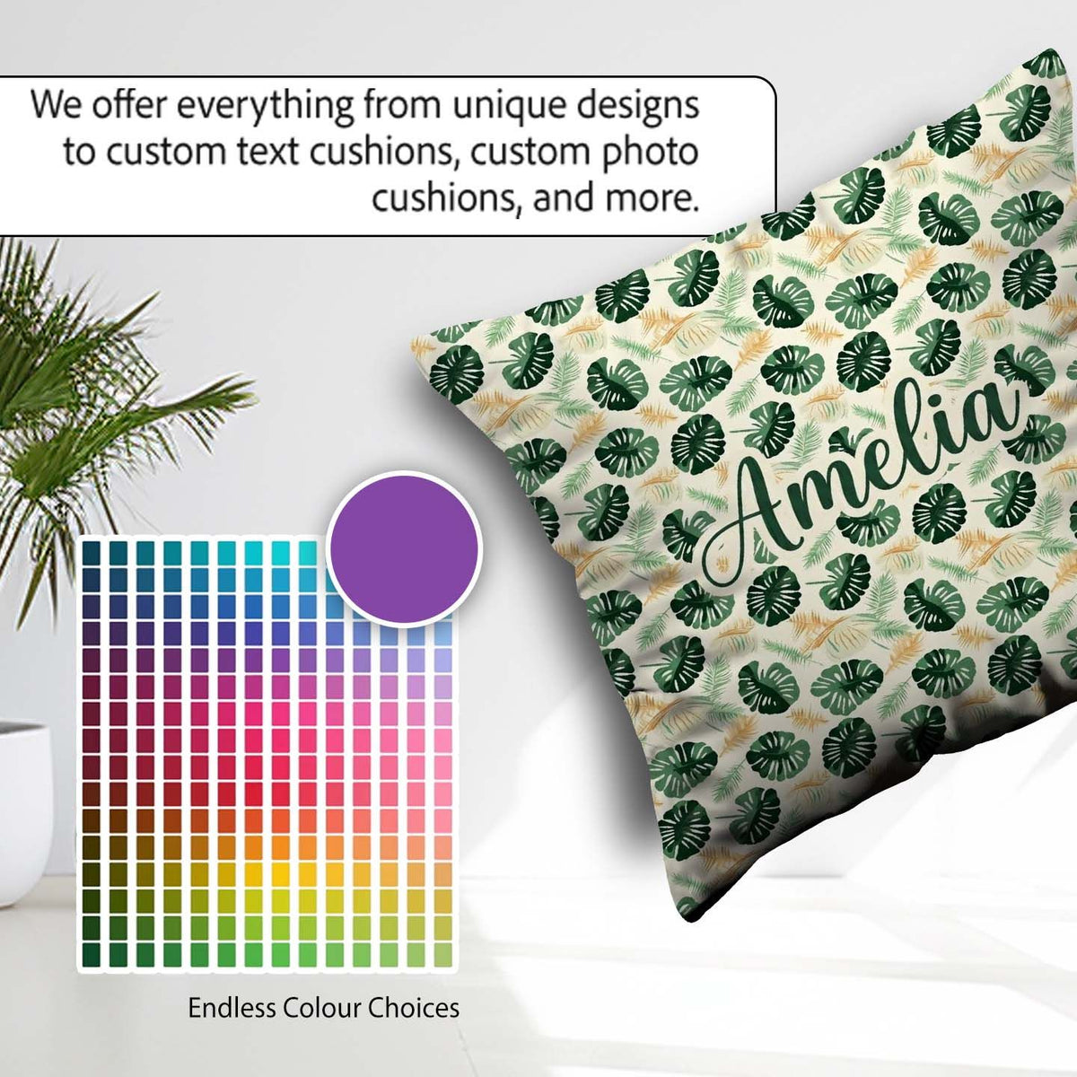 Custom Name Tropical Leaves Mix with Palm and Monstera on Cream Square Filled Cushion Throw Pillow Sofa Bed Home Decor Zip Washable UK Made