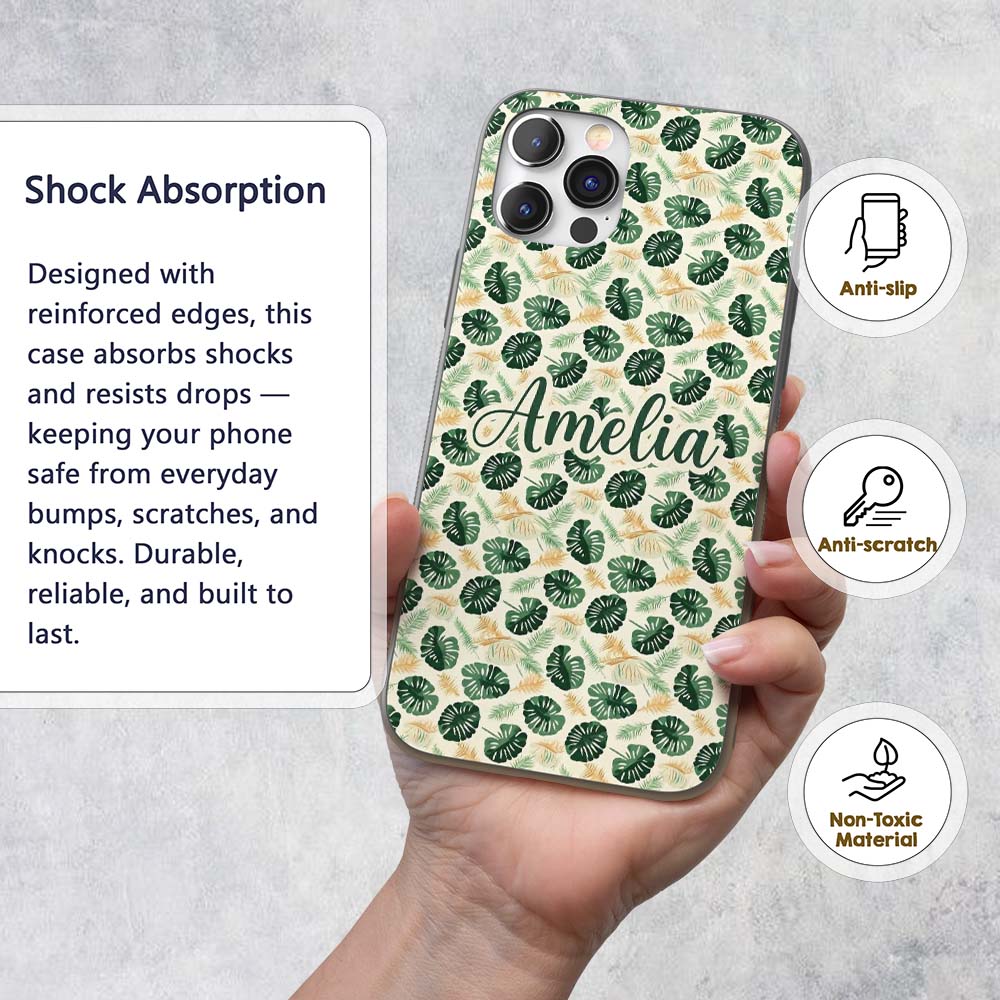 Tropical Leaves Mix with Palm and Monstera on Custom Name Protective Phone Case Mobile Cover Durable Everyday Smartphone Shock Resistant