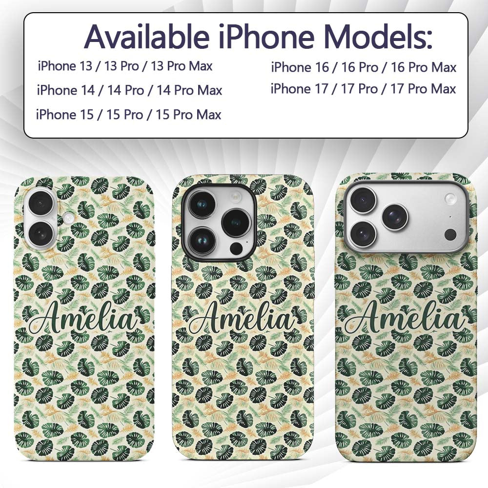 Tropical Leaves Mix with Palm and Monstera on Custom Name Protective Phone Case Mobile Cover Durable Everyday Smartphone Shock Resistant