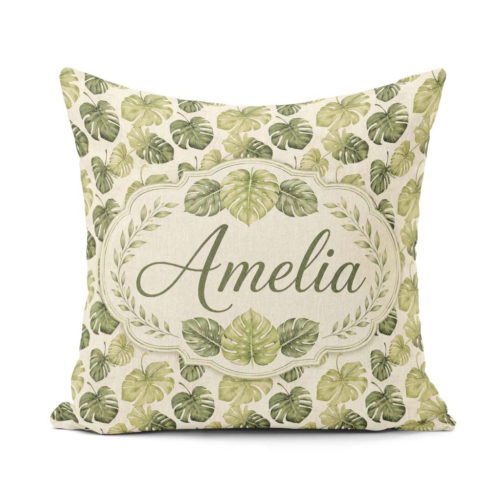 Custom Name Muted Watercolor Monstera Leaves on Light Background Square Filled Cushion Throw Pillow Sofa Bed Home Decor Zip Washable UK Made