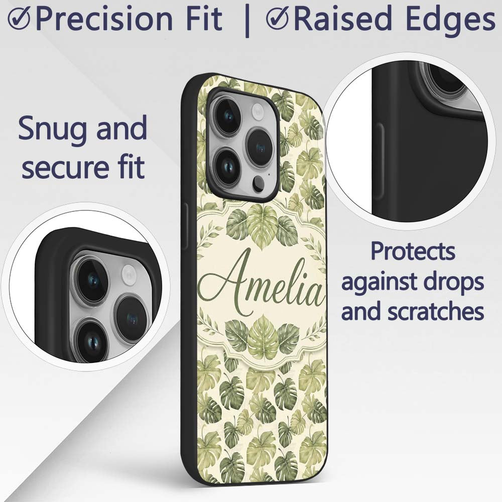 Muted Watercolor Monstera Leaves Printed Design Custom Name Protective Phone Case Mobile Cover Durable Everyday Smartphone Shock Resistant