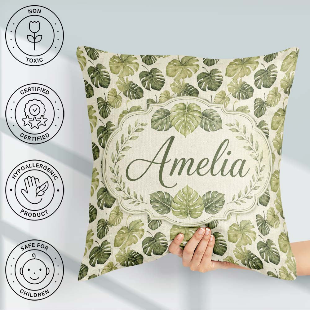 Custom Name Muted Watercolor Monstera Leaves on Light Background Square Filled Cushion Throw Pillow Sofa Bed Home Decor Zip Washable UK Made
