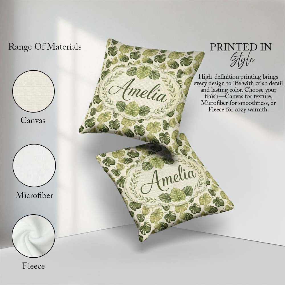 Custom Name Muted Watercolor Monstera Leaves on Light Background Square Filled Cushion Throw Pillow Sofa Bed Home Decor Zip Washable UK Made