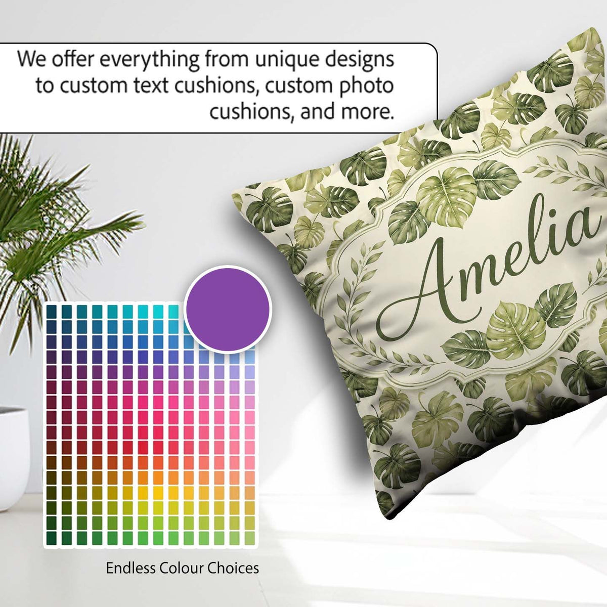 Custom Name Muted Watercolor Monstera Leaves on Light Background Square Filled Cushion Throw Pillow Sofa Bed Home Decor Zip Washable UK Made