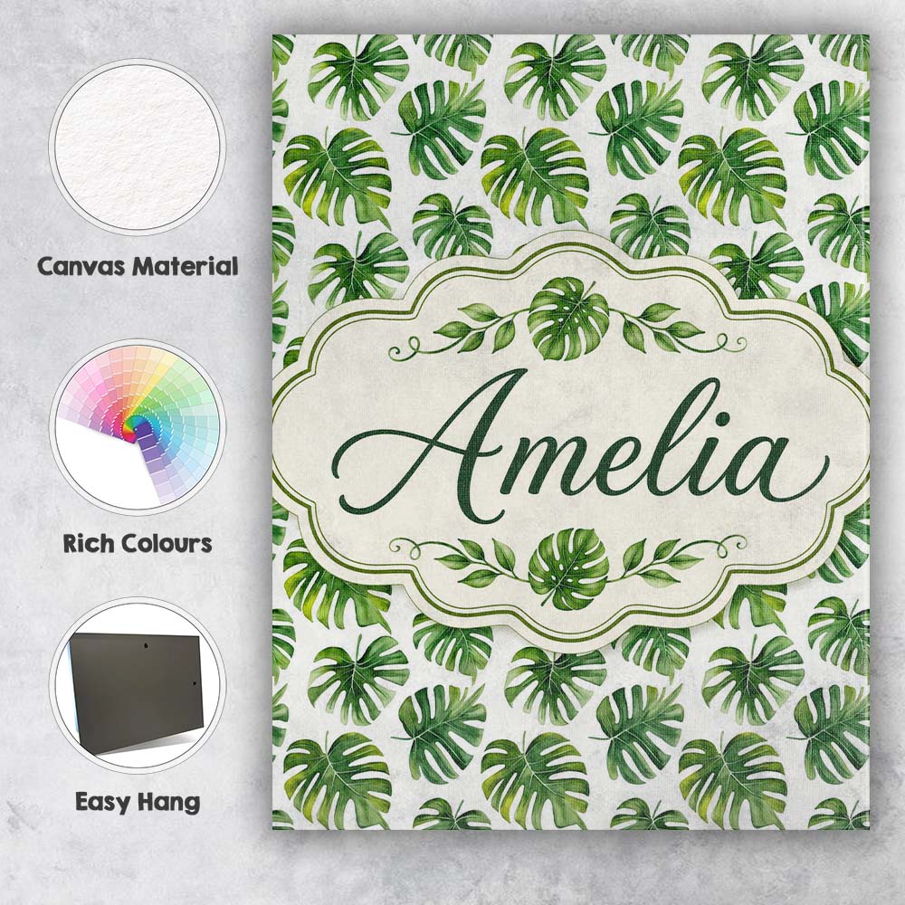 Personalised Name Fresh Green Monstera Custom Modern Room Accent Elegant Feature Canvas Wall Art Print Decor Picture Ready to Hang