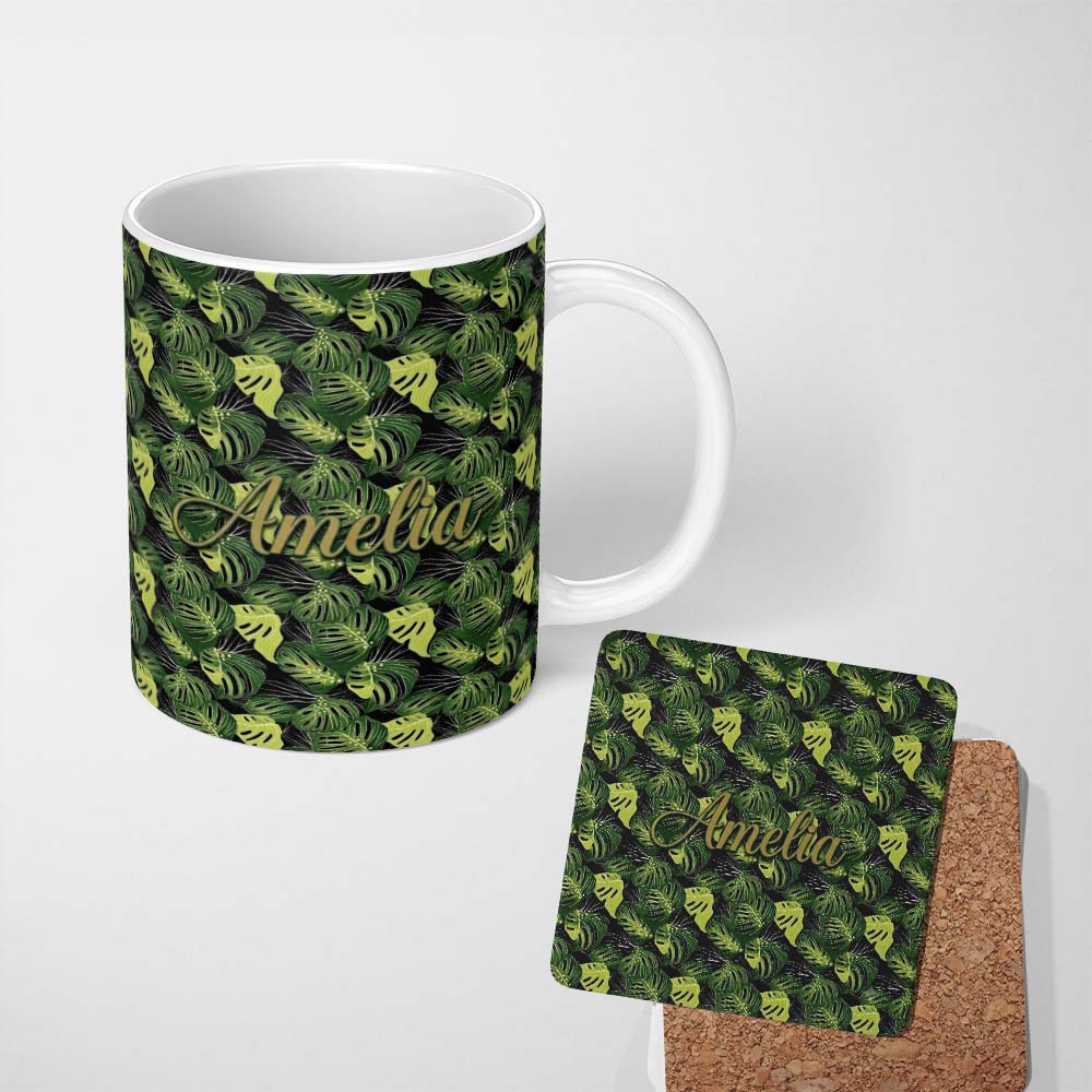 Personalized Custom Name Bold Monstera Leaves on Black Background Tropical Seamless Pattern 11oz Ceramic Coffee Tea Mug White Large Handle