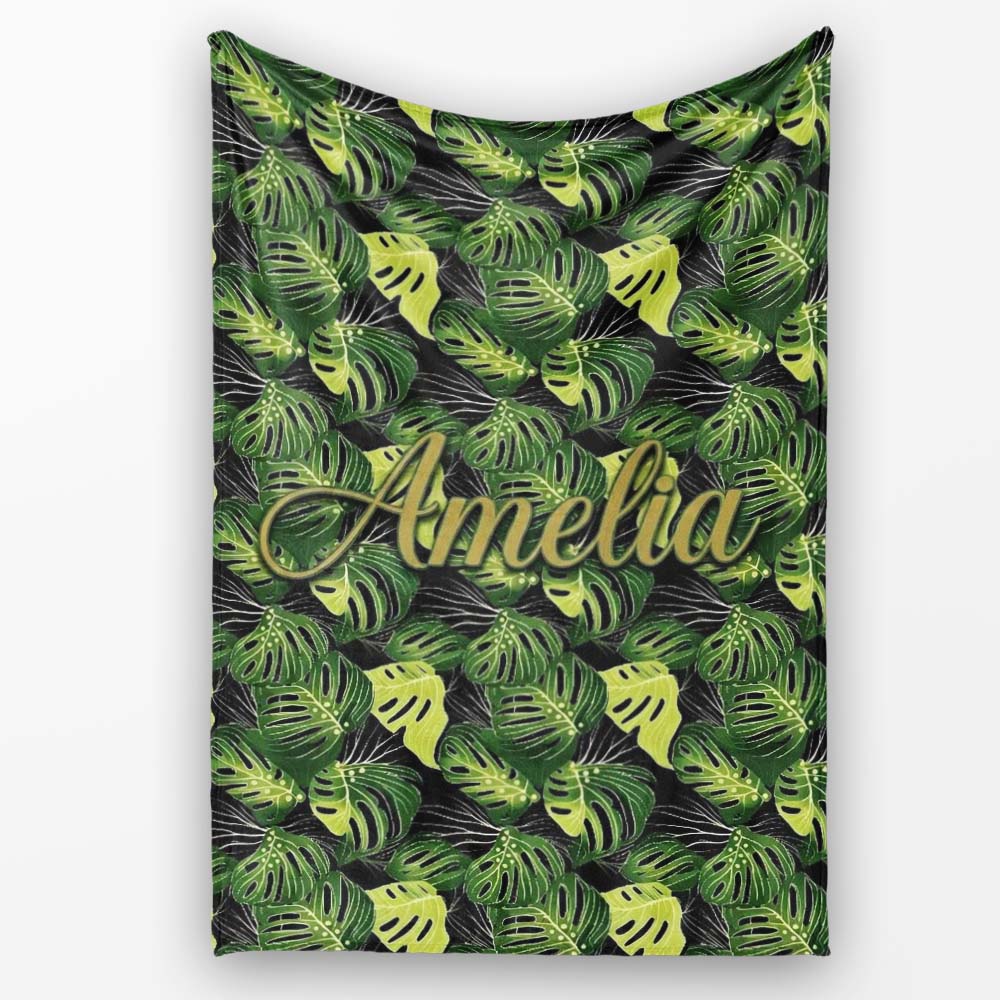 Bold Monstera Leaves on Black Background Tropical Seamless Pattern Personalised Custom Name Super Soft Fleece Blanket Bed Sofa Throw