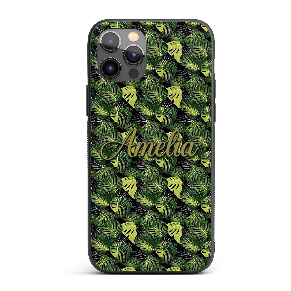 Bold Monstera Leaves on Black Background Tropical Custom Name Protective Phone Case Mobile Cover Durable Everyday Smartphone Shock Resistant