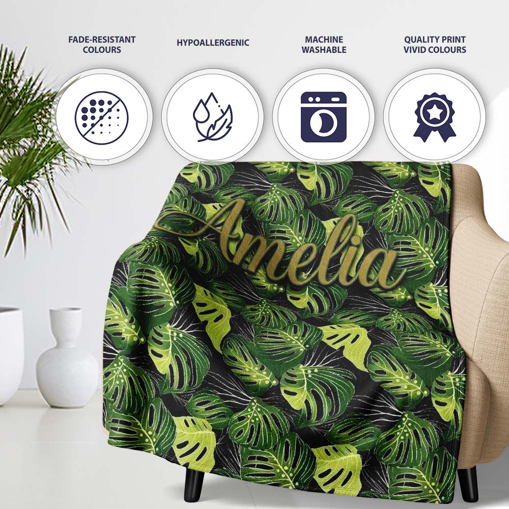 Bold Monstera Leaves on Black Background Tropical Seamless Pattern Personalised Custom Name Super Soft Fleece Blanket Bed Sofa Throw