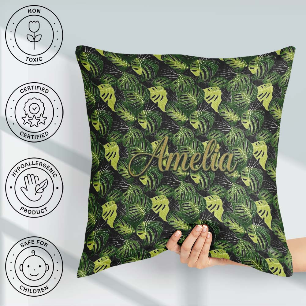 Custom Name Bold Monstera Leaves on Background Tropical Seamless Square Filled Cushion Throw Pillow Sofa Bed Home Decor Zip Washable UK Made