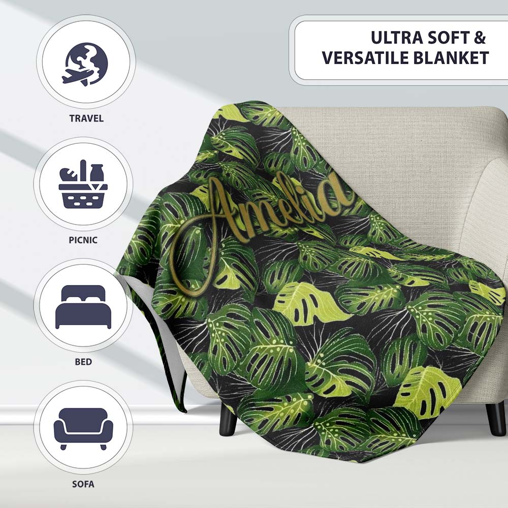 Bold Monstera Leaves on Black Background Tropical Seamless Pattern Personalised Custom Name Super Soft Fleece Blanket Bed Sofa Throw
