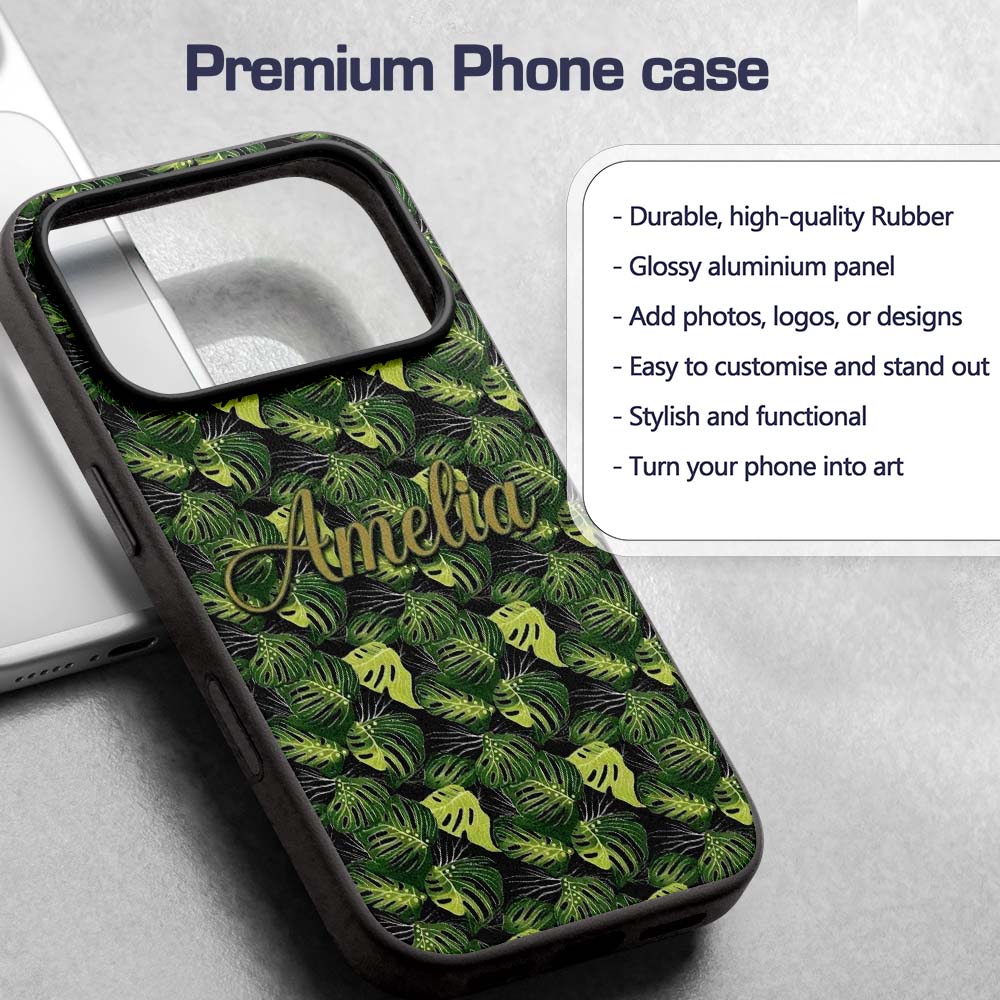 Bold Monstera Leaves on Black Background Tropical Custom Name Protective Phone Case Mobile Cover Durable Everyday Smartphone Shock Resistant