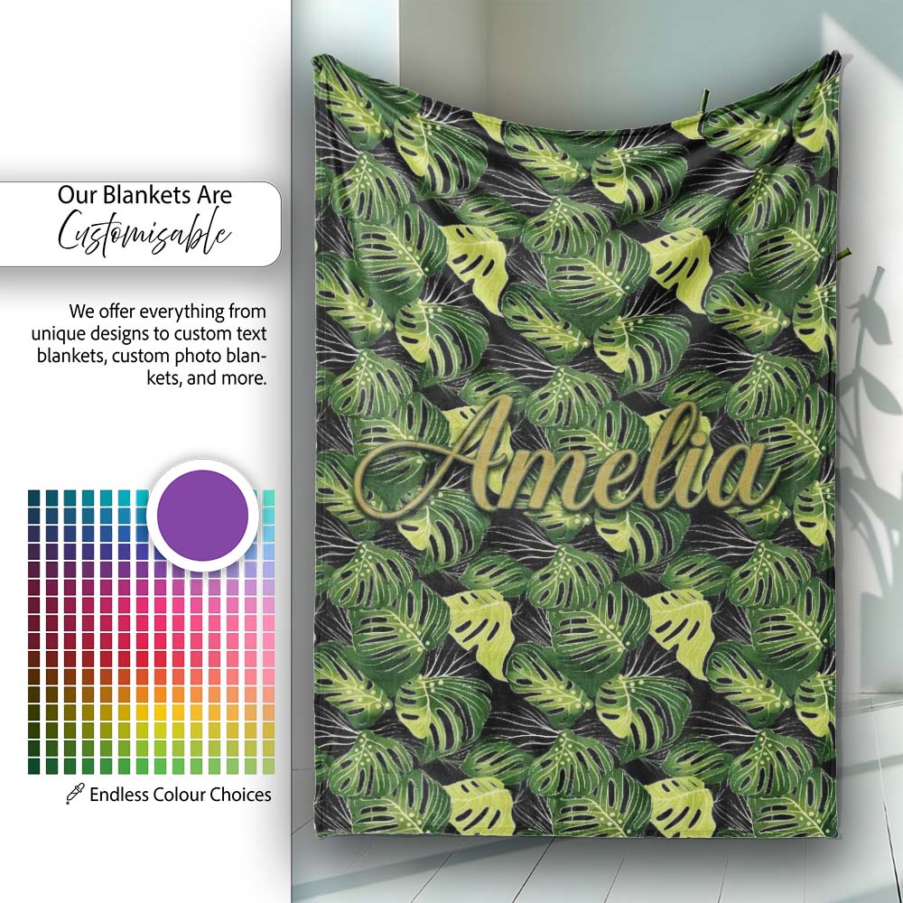 Bold Monstera Leaves on Black Background Tropical Seamless Pattern Personalised Custom Name Super Soft Fleece Blanket Bed Sofa Throw