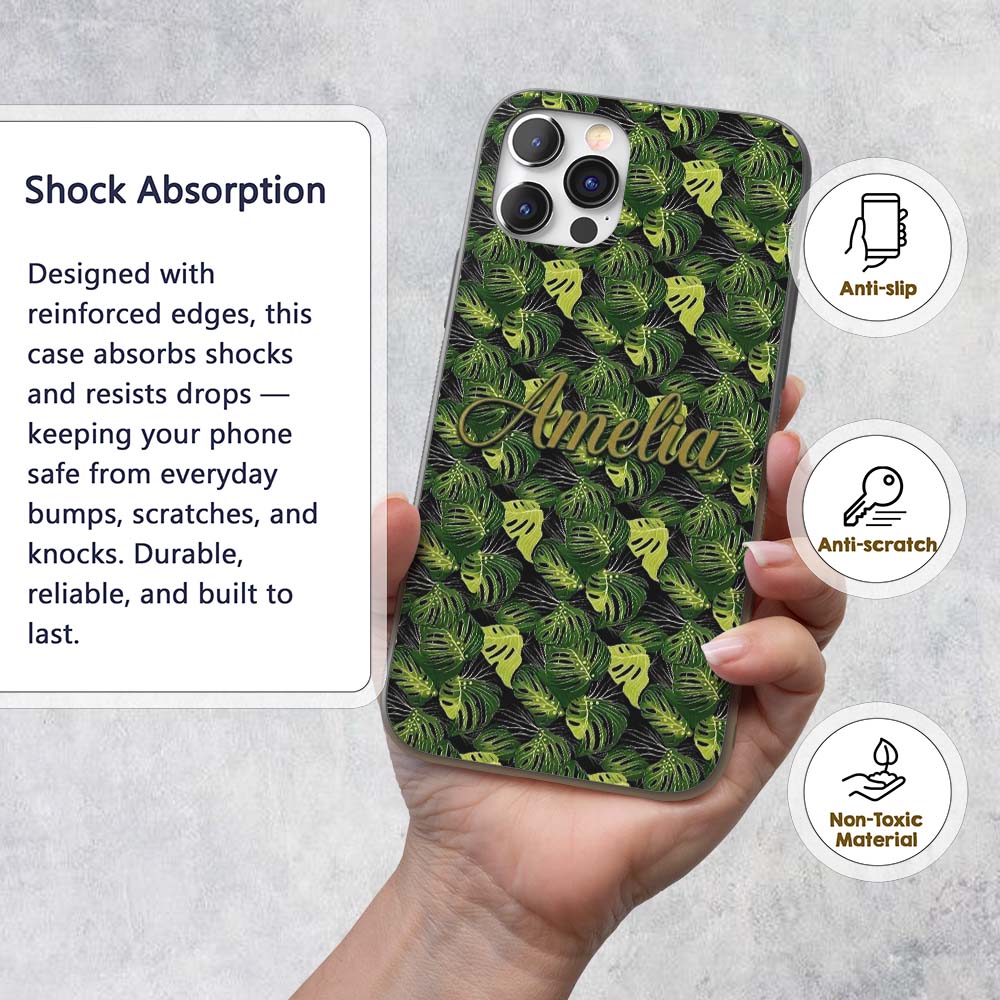 Bold Monstera Leaves on Black Background Tropical Custom Name Protective Phone Case Mobile Cover Durable Everyday Smartphone Shock Resistant