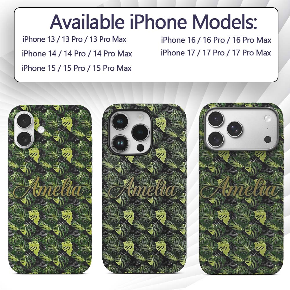 Bold Monstera Leaves on Black Background Tropical Custom Name Protective Phone Case Mobile Cover Durable Everyday Smartphone Shock Resistant