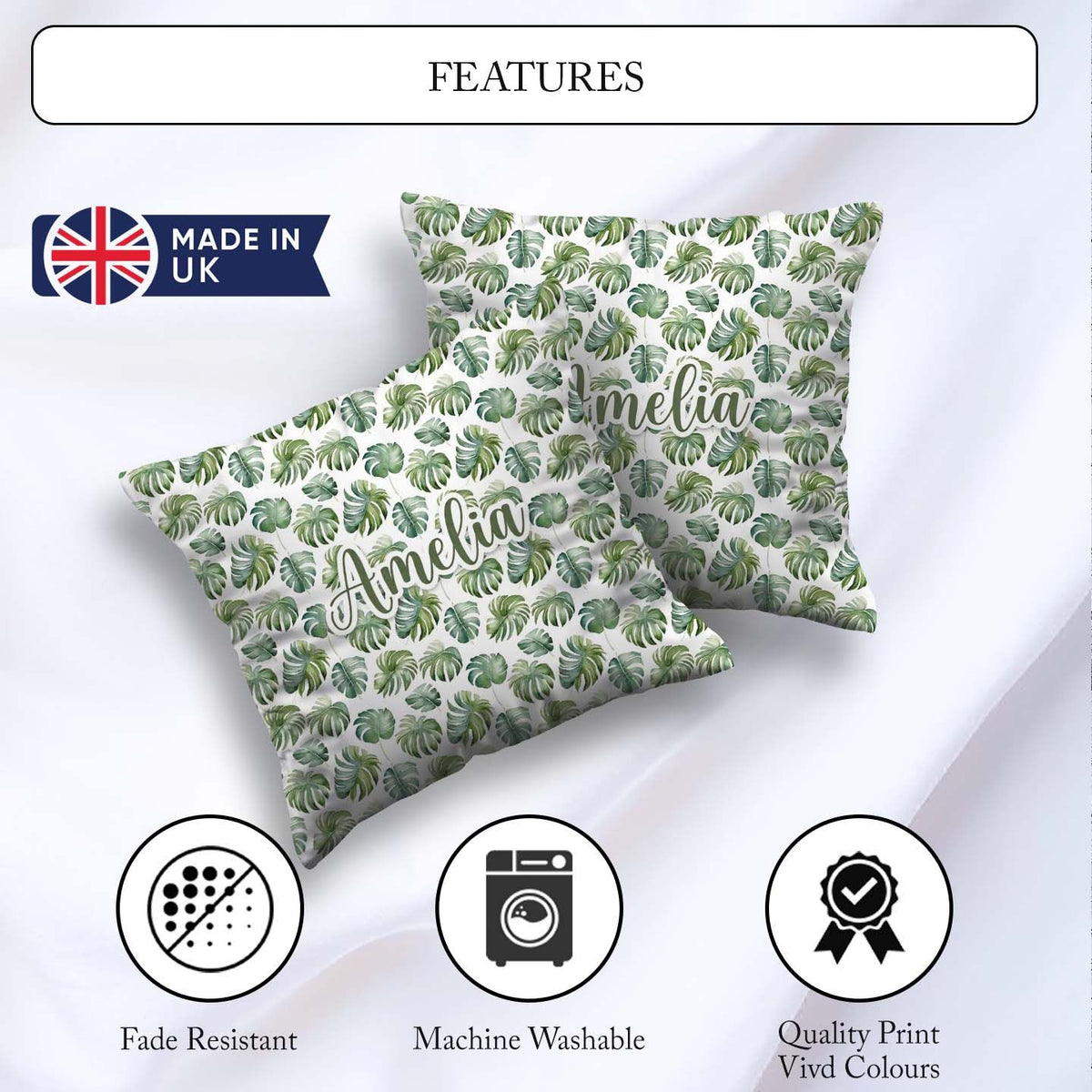 Custom Name Watercolor Monstera Leaves on White Seamless Pattern Square Filled Cushion Throw Pillow Sofa Bed Home Decor Zip Washable UK Made