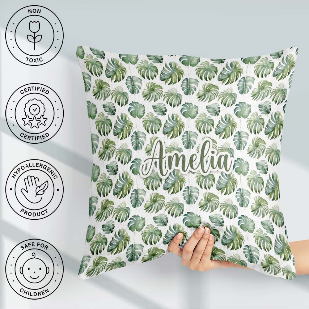 Custom Name Watercolor Monstera Leaves on White Seamless Pattern Square Filled Cushion Throw Pillow Sofa Bed Home Decor Zip Washable UK Made