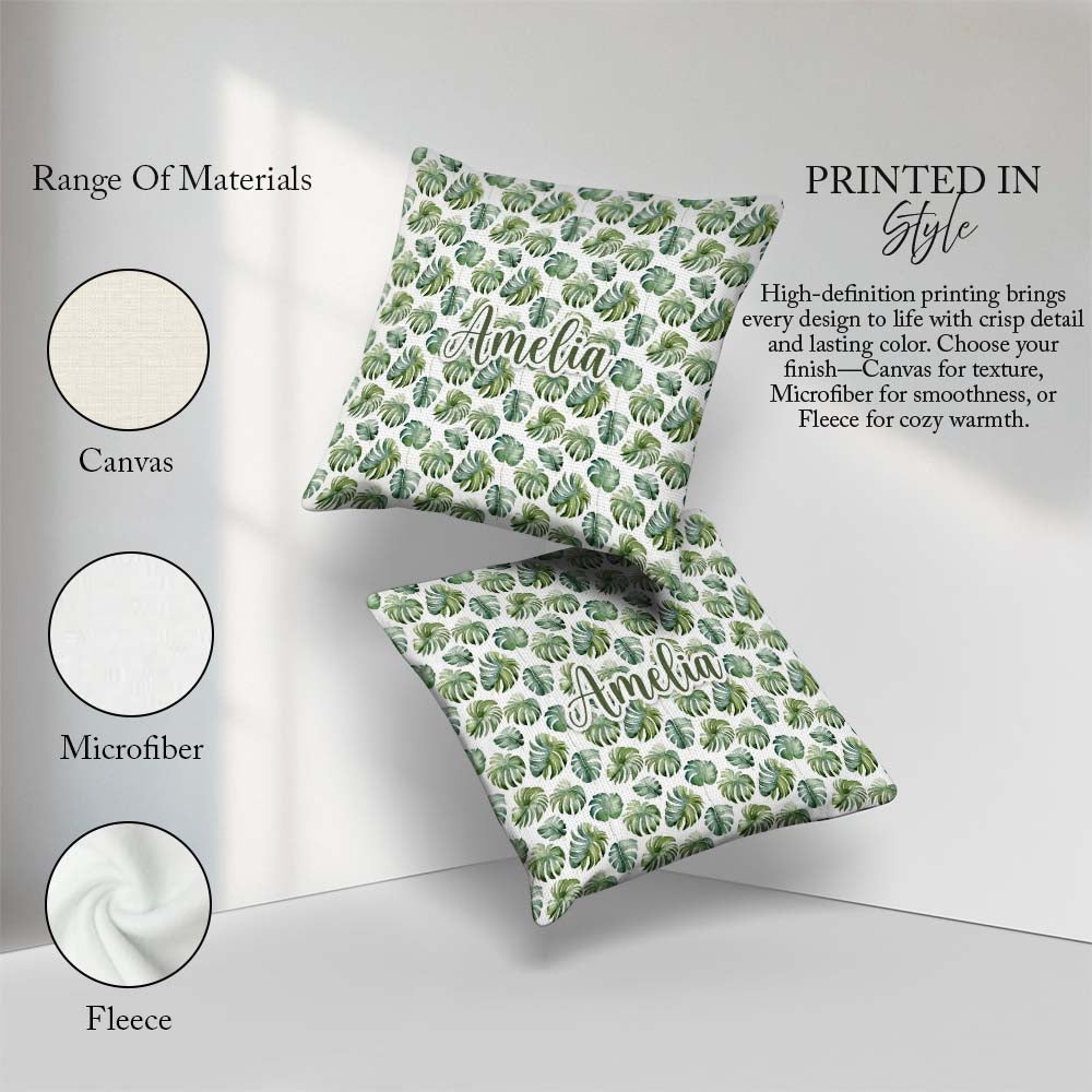 Custom Name Watercolor Monstera Leaves on White Seamless Pattern Square Filled Cushion Throw Pillow Sofa Bed Home Decor Zip Washable UK Made