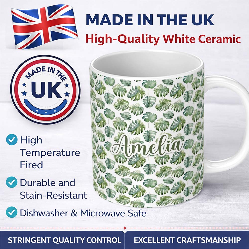 Personalized Custom Name Watercolor Monstera Leaves on White Background Seamless Pattern 11oz Ceramic Coffee Tea Mug White Large Handle