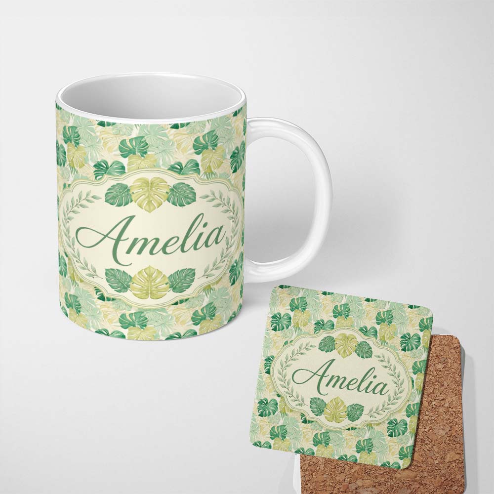 Personalized Custom Name Soft Pastel Tropical Monstera Leaves on Cream Background Seamless 11oz Ceramic Coffee Tea Mug White Large Handle