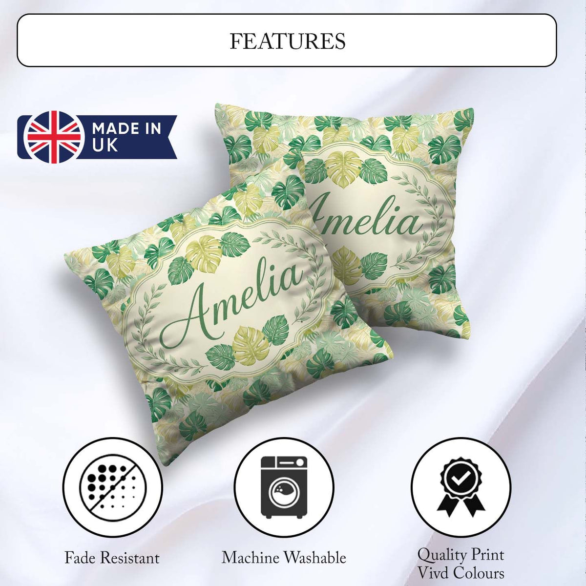 Custom Name Soft Pastel Tropical Monstera on Background Seamless Square Filled Cushion Throw Pillow Sofa Bed Home Decor Zip Washable UK Made