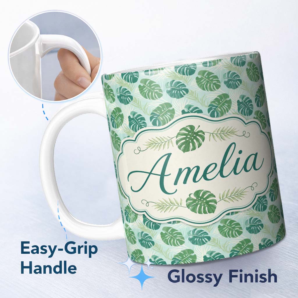 Personalized Custom Name Green Monstera Leaves with Subtle Palm Background Seamless Pattern 11oz Ceramic Coffee Tea Mug White Large Handle