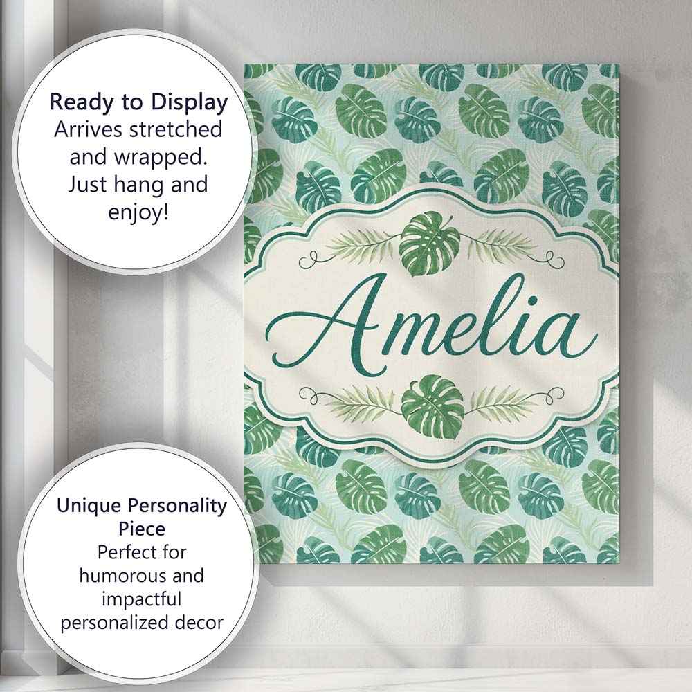 Personalised Name Green Monstera Leaves Custom Modern Room Accent Elegant Feature Canvas Wall Art Print Decor Picture Ready to Hang