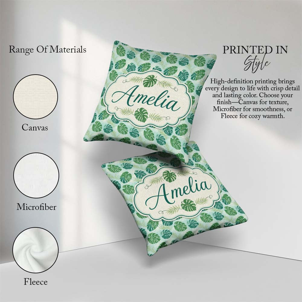 Custom Name Monstera Leaves with Subtle Palm Background Seamless Square Filled Cushion Throw Pillow Sofa Bed Home Decor Zip Washable UK Made