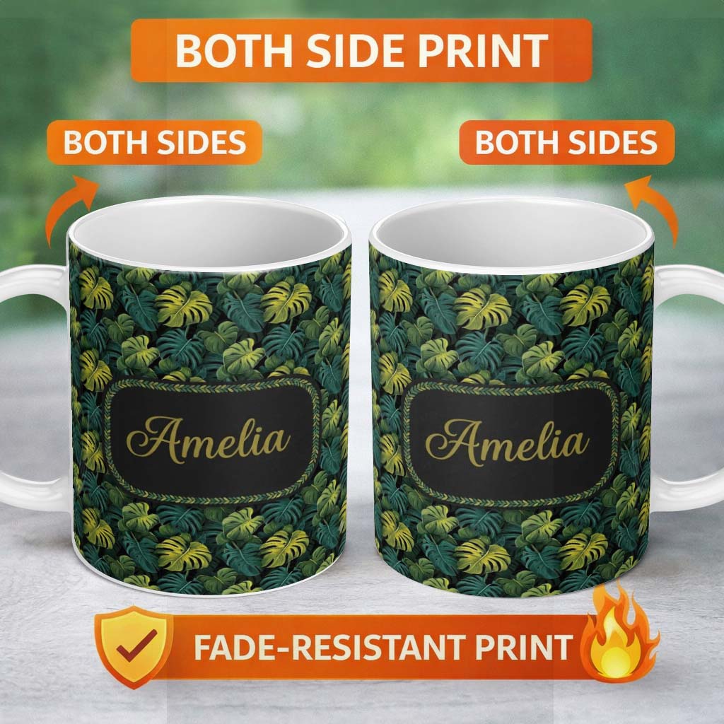 Personalized Custom Name Dark Tropical Monstera Leaves with Yellow Highlights Seamless 11oz Ceramic Coffee Tea Mug White Large Handle