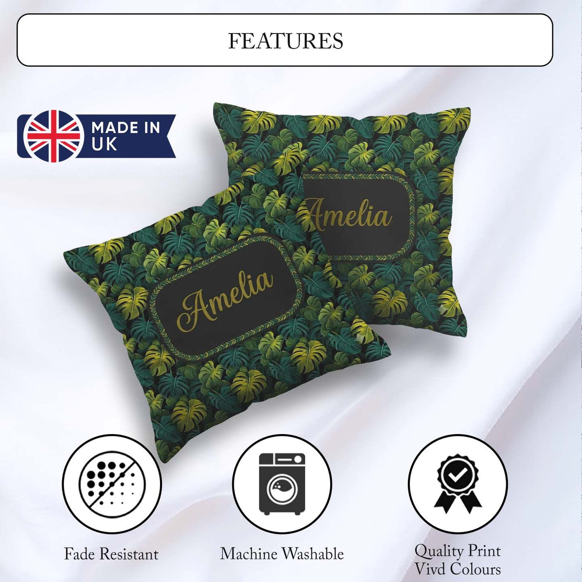 Custom Name Dark Tropical Monstera Leaves with Yellow Highlights Square Filled Cushion Throw Pillow Sofa Bed Home Decor Zip Washable UK Made