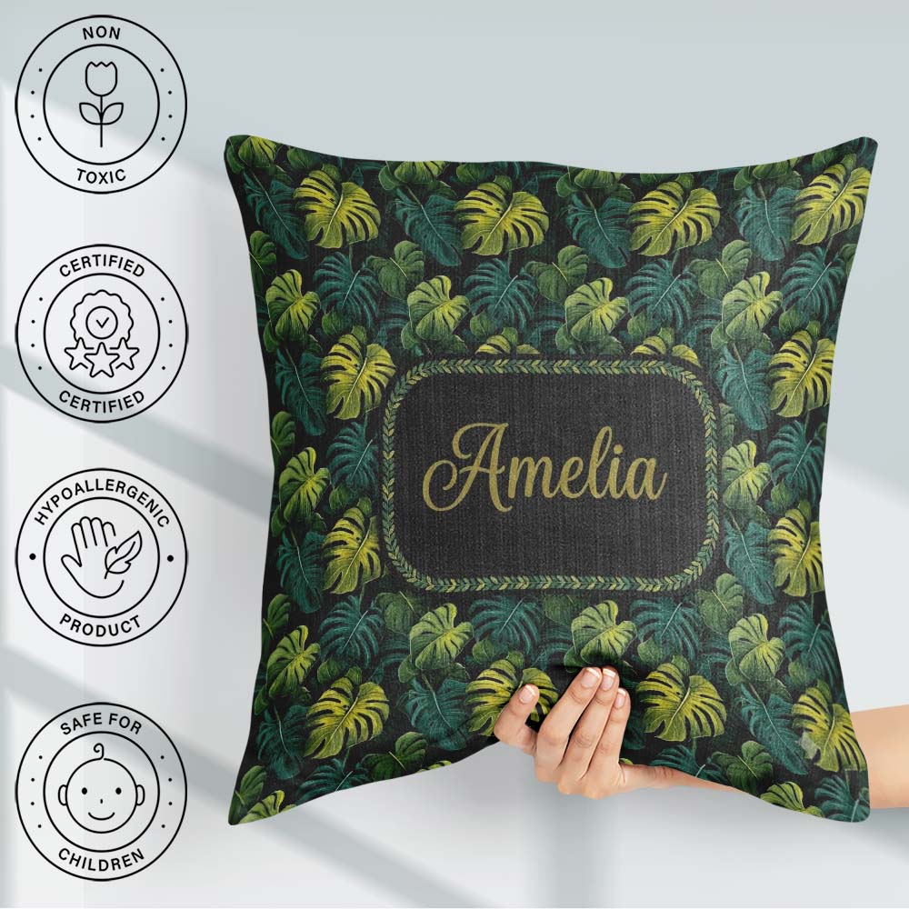 Custom Name Dark Tropical Monstera Leaves with Yellow Highlights Square Filled Cushion Throw Pillow Sofa Bed Home Decor Zip Washable UK Made