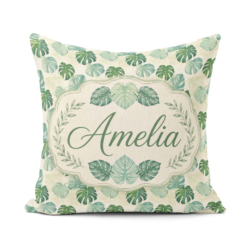 Custom Name Muted Sage Green Monstera Leaves on Light Background Square Filled Cushion Throw Pillow Sofa Bed Home Decor Zip Washable UK Made