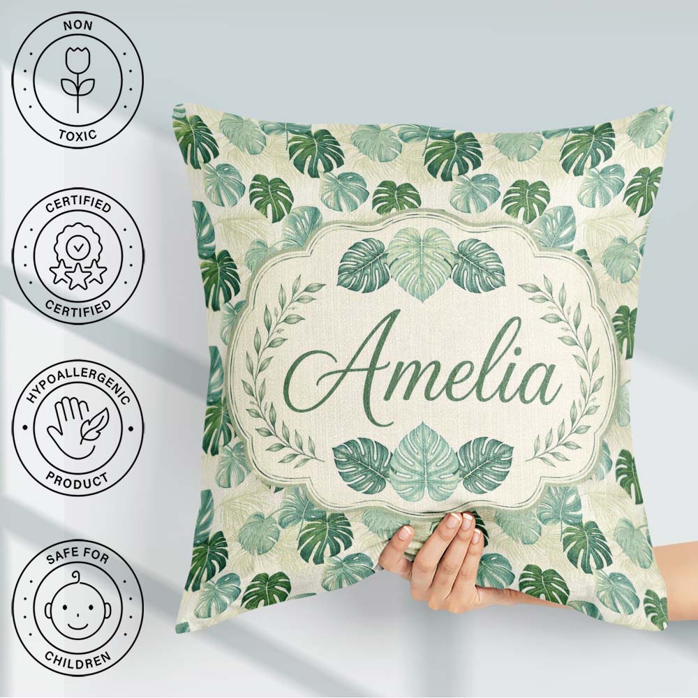 Custom Name Muted Sage Green Monstera Leaves on Light Background Square Filled Cushion Throw Pillow Sofa Bed Home Decor Zip Washable UK Made