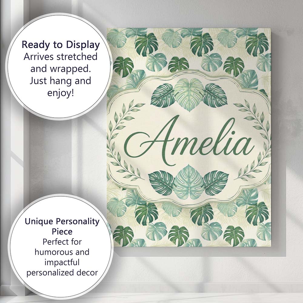 Personalised Name Muted Sage Green Monstera Custom Bespoke Interior Contemporary Canvas Wall Art Print Decor Picture Ready to Hang