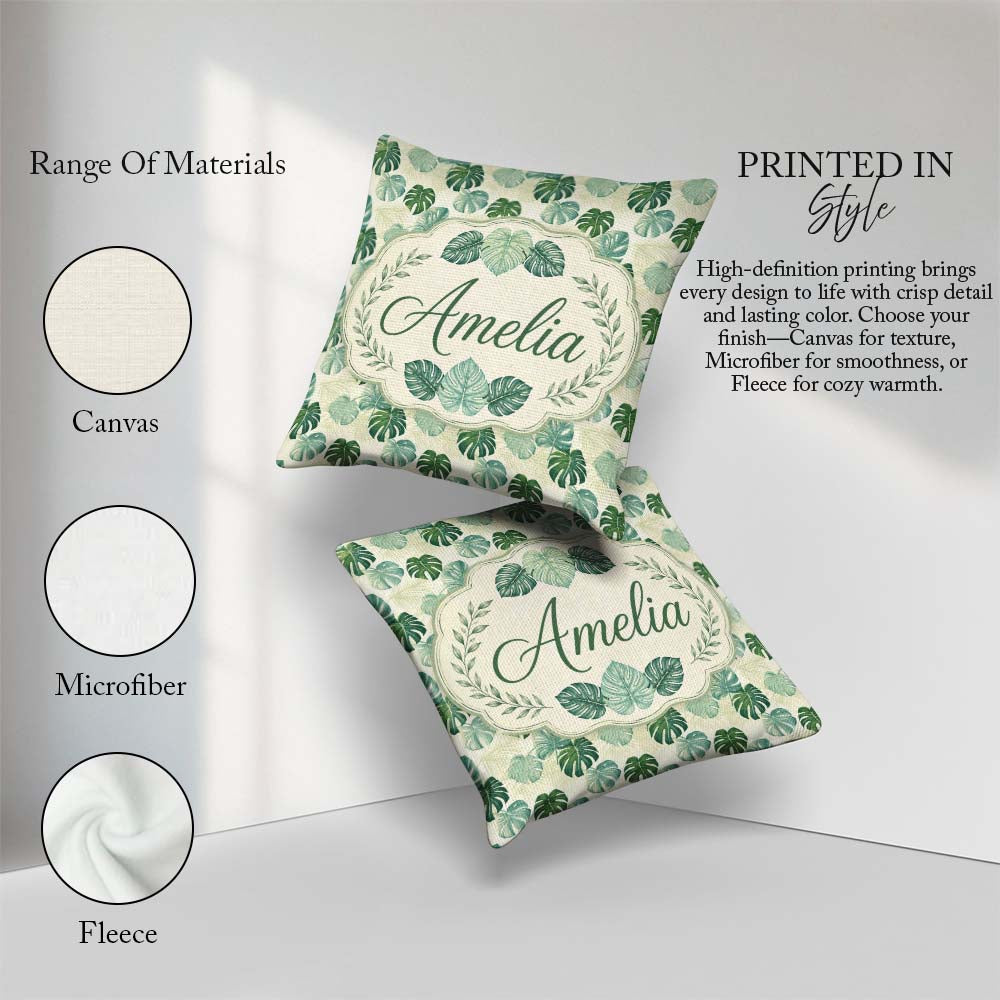 Custom Name Muted Sage Green Monstera Leaves on Light Background Square Filled Cushion Throw Pillow Sofa Bed Home Decor Zip Washable UK Made