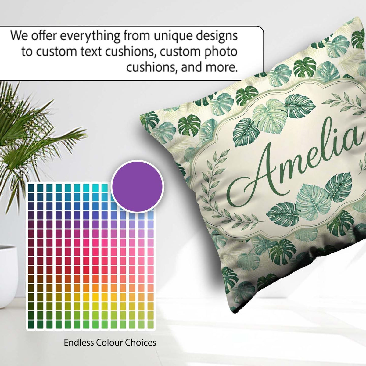 Custom Name Muted Sage Green Monstera Leaves on Light Background Square Filled Cushion Throw Pillow Sofa Bed Home Decor Zip Washable UK Made