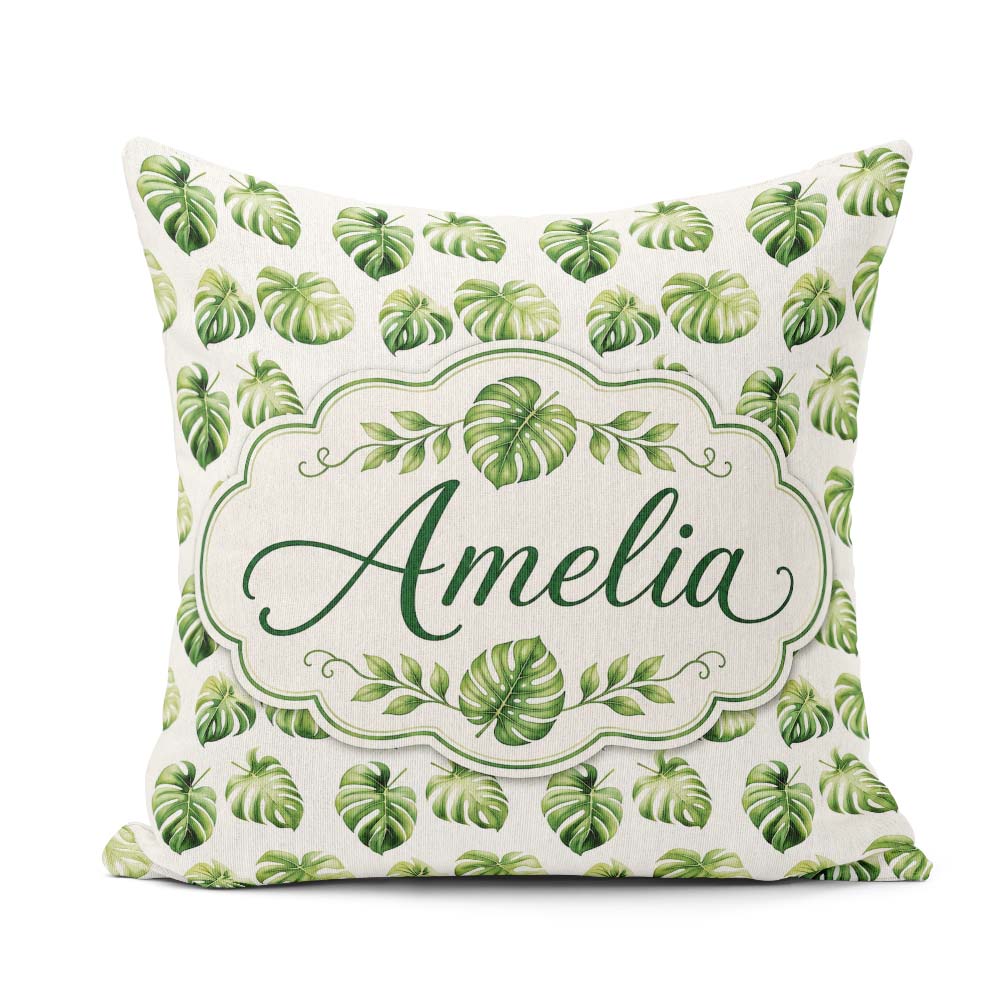 Custom Name Minimal Watercolor Monstera Leaves on White Seamless Square Filled Cushion Throw Pillow Sofa Bed Home Decor Zip Washable UK Made